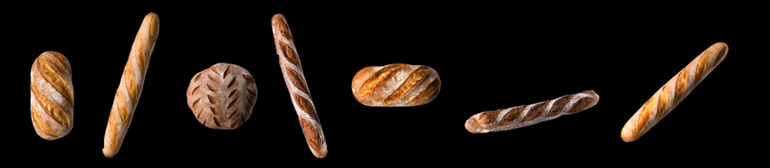 Set of fresh baked bread and French rye baguette isolated on black background