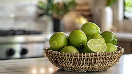 Fresh limes in a decorative basket placed on a kitchen counter, with one lime sliced open for a peek inside