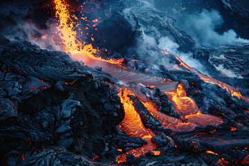 Generative ai on theme of erupting volcano with cascading hot lava surrounded thick white smoke
