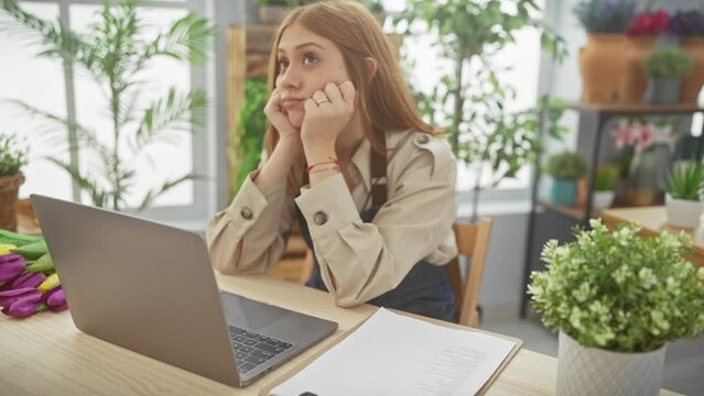 A bored young woman procrastinates at her wooden desk in a well-lit room with plants and a laptop.