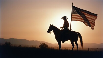 silhouette of a cowboy with an American flag on his horse, sunset view, grand canyon