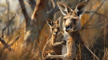 Mother kangaroo with a joey peeking out of her pouch, illustrating the unique bond between them in a natural setting