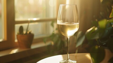 Refreshing white wine in a tall, slender glass, beautifully captured with sunlight streaming through
