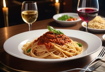 traditional spaghetti and glass of wine at luxury restaurant
