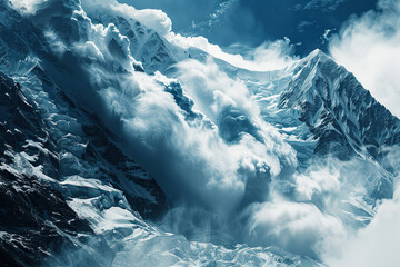 Generative ai on theme of descent of an huge avalanche from the mountain, winter nature landscape