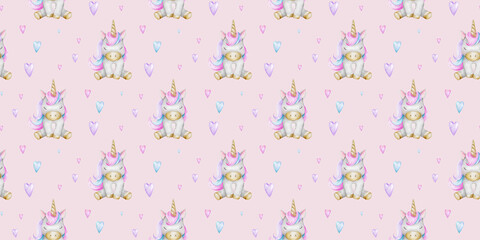 Print of cute little unicorns and hearts. Background of baby ponies. Watercolor hand drawn seamless pattern for children's rooms, goods, clothes, postcards, baby shower and nursery, fabric