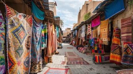 Obraz premium A vibrant Moroccan market square hosts an arts festival, showcasing local culture and artisanal talent.
