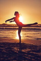 Woman, sunset and dancing silhouette on beach, contemporary ballet and energy in nature with...