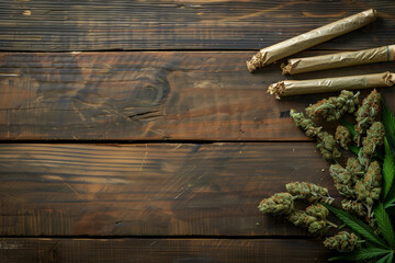 A bunch of marijuana leaves and a roll of paper on a wooden table. Scene is somewhat dark and mysterious - Powered by Adobe