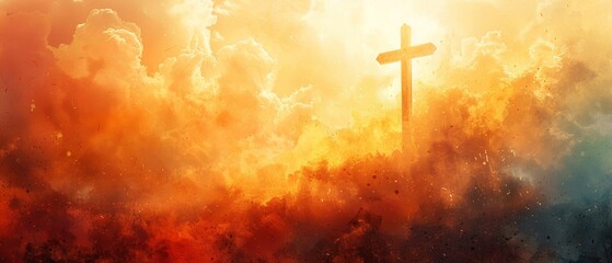 Obraz premium Serene image of a cross in the sky surrounded by vibrant clouds, symbolizing faith, hope, and spirituality in a stunning sunset glow.