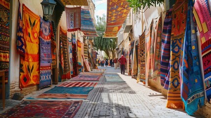 Obraz premium A serene Moroccan market, adorned with vibrant textiles, readies for a lively arts and crafts festival.