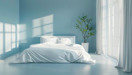 A serene bedroom interior with white bedding and pale blue walls, exuding tranquility and softness in home decor