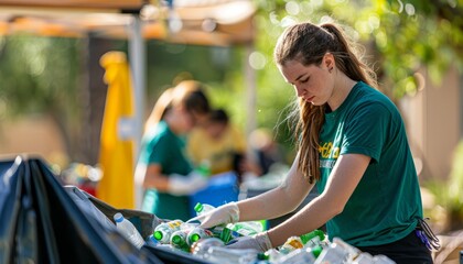 A volunteer sorting recyclables at a community clean-up event, emphasizing environmental consciousness and community engagement