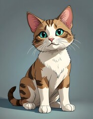 Illustrated Domestic Cat Sitting Whiskers Feline Brown White Fur Alert Ears Green Eyes