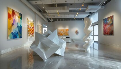 A modern art gallery displaying abstract geometric sculptures and canvases, ideal for showcasing...