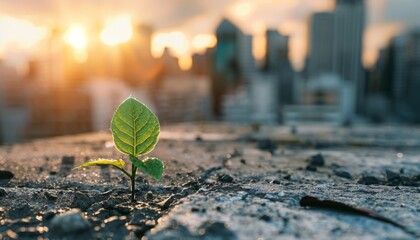 A young green plant sprouting through urban concrete against a city skyline, symbolizing hope and resilience in urban settings