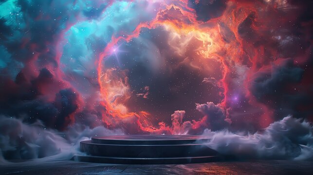 A swirling nebula of vibrant colors creates a glowing portal in the sky.  A platform sits before the portal, offering a pathway to the unknown.