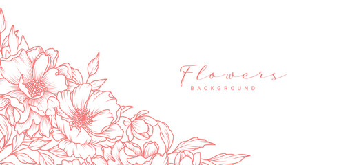 Flower frame in line art style. Corner with luxurious pattern of peonies flowers, branches, leaves on a white background. Vector illustration with drawn elegant vintage botanical decorative elements  © Feodora_21