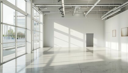 A modern art gallery interior with white walls, large windows, and sunlight, highlighting a clean and bright exhibition space