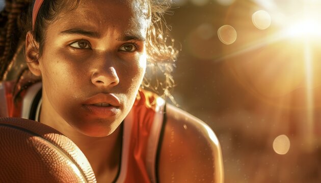 A focused female athlete showing determination during a basketball match, capturing the intensity and concentration of competitive sports