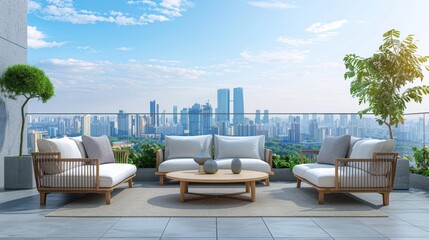 Fototapeta premium Modern outdoor patio with comfortable seating and incredible skyline view of city on a clear day.