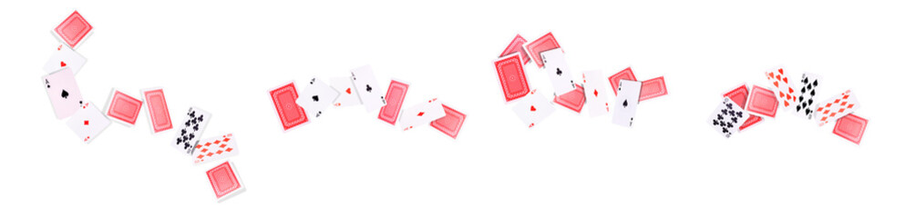 Flying playing cards for poker game on white background.