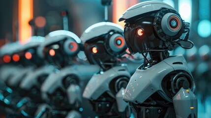 Fototapeta premium Futuristic technology of robotic customer service at all stores, cosmetics, supermarkets, pharmacy, and etc, AI generated for ads