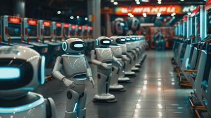 Futuristic technology of robotic customer service at all stores, cosmetics, supermarkets, pharmacy, and etc, AI generated for ads