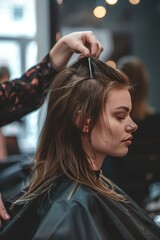 Fototapeta premium Woman having her hair done at the salon, AI generated Image