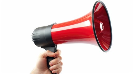 Megaphone held in hand with red and black colors against white background