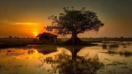 Golden sunset over a serene rural landscape with a large tree, a thatched hut, and calm reflective water in a remote natural setting.