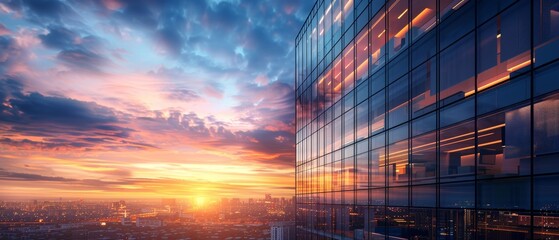 Modern glass building reflecting stunning sunset with vibrant colors, showcasing urban landscape and beautiful sky.