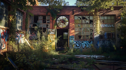 A striking image of an abandoned urban building with graffiti, broken windows, and overgrown vegetation, with the interplay of light and shadow creating a mood of neglect and decay.