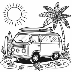 Beach Van with Surfboard Coloring Page for Kids