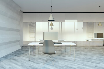 Modern glass office hallway interior with and reflections on light floor. 3D Rendering.