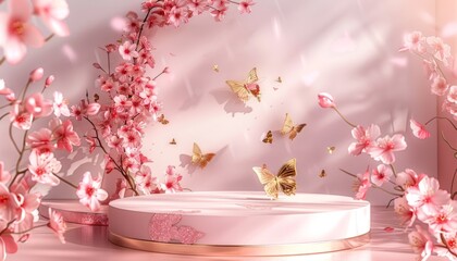 A romantic butterfly-themed podium adorned with pink flowers and golden butterflies, perfect for wedding or cosmetic displays in a spring setting