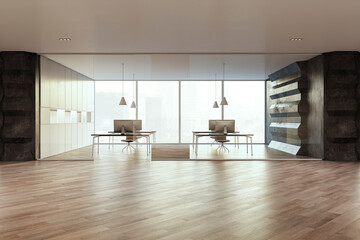 Bright glass office hallway interior with reflections on wooden floor. 3D Rendering.
