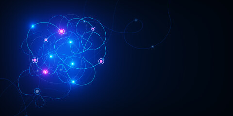 Creative glowing digital scribble on dark background. Landing page concept. 3D Rendering.