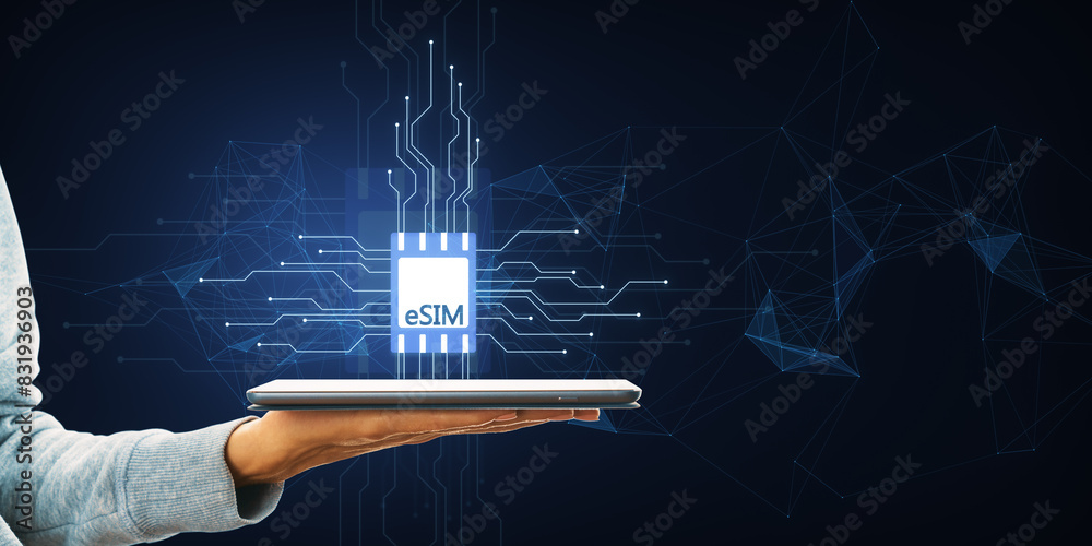 Poster close up of female hand holding smartphone with esim chip card icon with circuit on dark background.