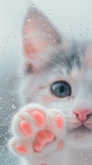 Fototapeta premium White cat's paw with pink toes on glass window against white background,creative pet photo theme.