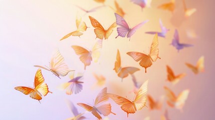 A playful arrangement of pastel orange and light lavender butterflies, fluttering in a dynamic, upward spiral.