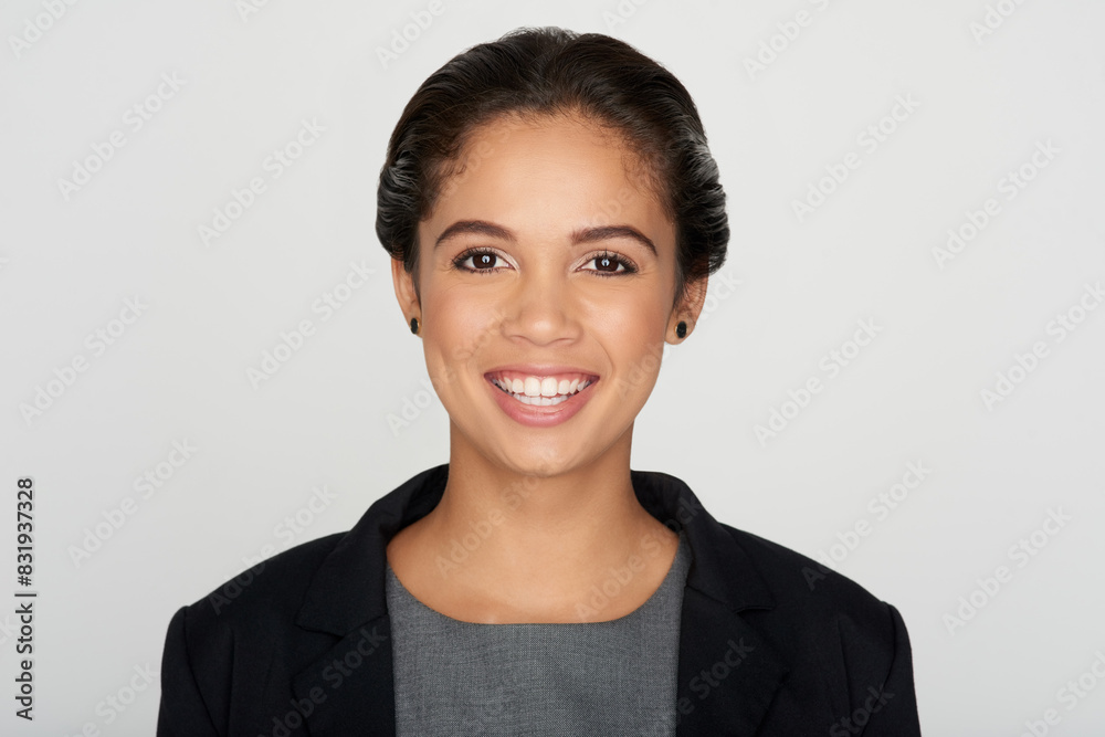 Wall mural Happy, lawyer and portrait of business woman in studio with company pride, confidence and professional. Corporate, legal consultant and face of person for career, work and job on white background