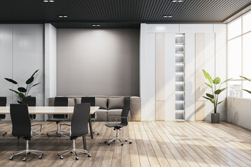 Luxury wooden and concrete meeting room interior with panoramic window, city view and daylight. 3D Rendering,