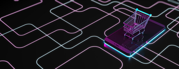 Abstract shopping cart and cellphone on dark wide digital background with lines. Technology and online purchase concept. 3D Rendering.
