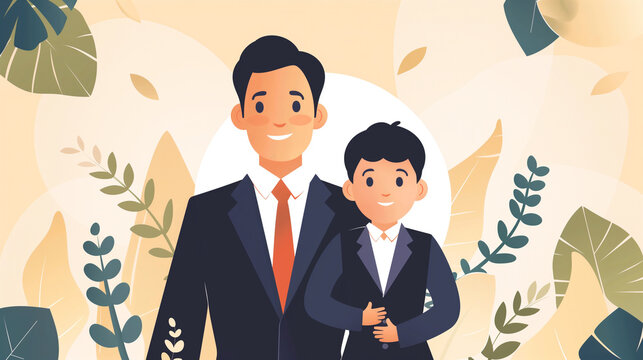A sleek banner for Father's Day featuring a father and son illustration, corporate elements, and designated areas for educational text on a sophisticated backdrop.