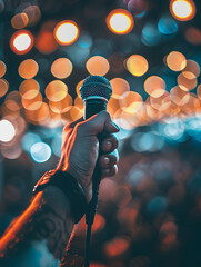 The singer's hand in focus as they grasp the microphone, surrounded by the blurred brilliance of bokeh lights from the concert stage.	
