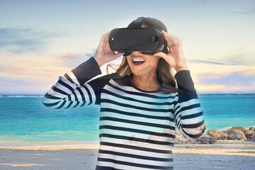 VR, woman and ocean for digital video game, metaverse and futuristic travel in nature. Technology,...