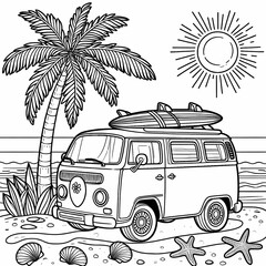Beach Van with Surfboard Coloring Page for Kids