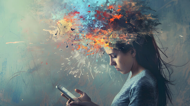 powerful visual metaphor of social media addiction, with a young woman's head bursting open from the pressure of excessive information.information illustrated by a young woman's brain exploding .