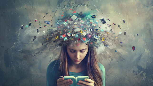 powerful visual metaphor of social media addiction, with a young woman's head bursting open from the pressure of excessive information.information illustrated by a young woman's brain exploding .